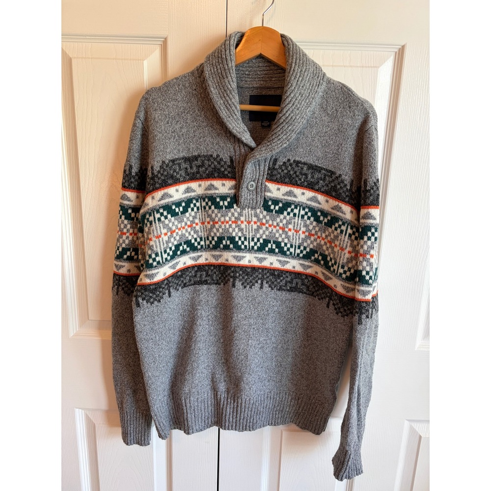 American Eagle Men Grey Fair Isle Shawl Collar Button Sweater Size M Cotton Wool